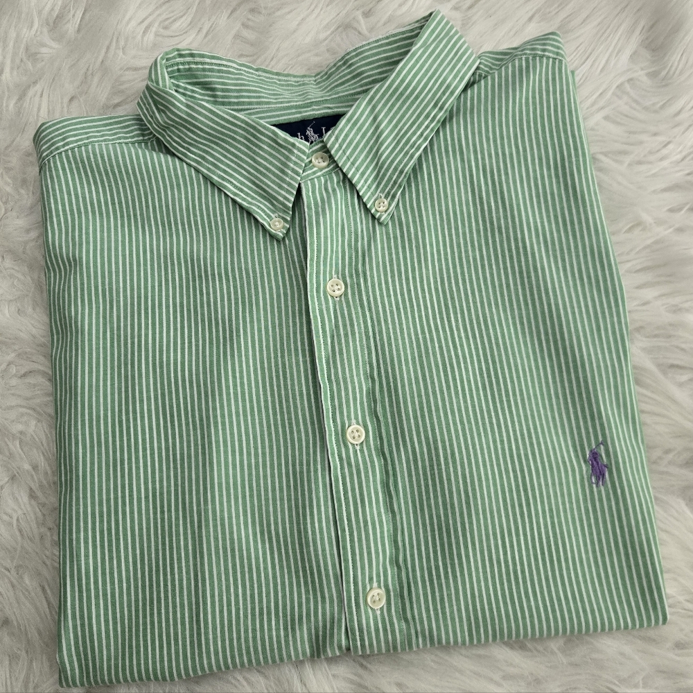 RALPH‎ LAUREN Shirt Mens 2XLT Green White Stripe Button Down Classic Fit Preppy